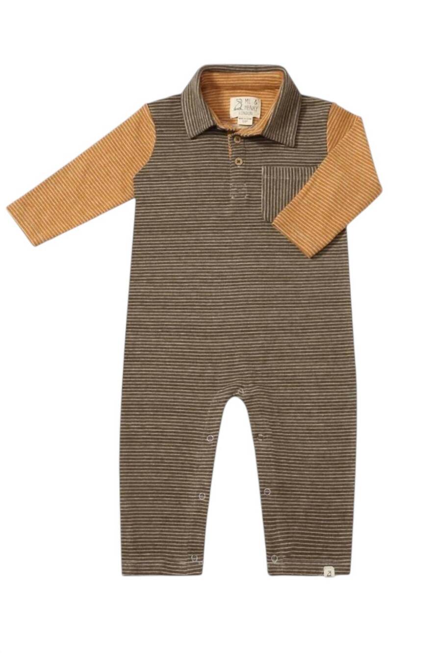 NEW ME & HENRY kids striped cotton polo romper in brown